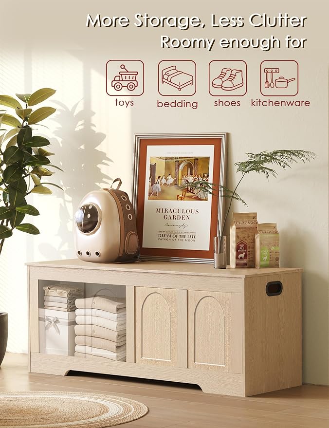 Storage Chest, Wooden Toy Box with Lid, Natural 47.2" L | Entryway Shoe Bench, 2 Soft-close Hinges, Finger-safe Flip-Top Lid, Easy Assembly, Farmhouse Large Trunk, Living Room/Bedroom