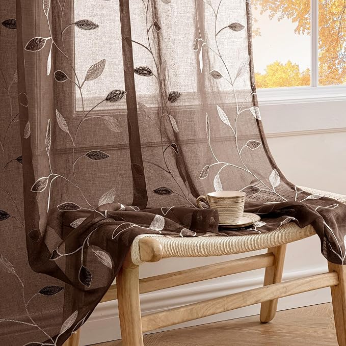 MIULEE Chocolate Brown Sheer Curtains 2 Panels Embroidered Leaf Patterned Rod Pocket Floral Semi Sheer Faux Linen Window Curtains Drapes Set for Living Room Bedroom Dining Room, 52x63 Inches Long