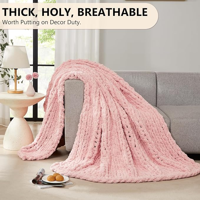 L'AGRATY Chunky Knit Throw Blanket for Couch, 80'' x 90'' Knit Throw, Pink | Handmade Chenille Crochet Blanket for Sofa Bed, Thick Cable Knitted Blankets for Room Home Decor, Birthday Gift for Women Mom