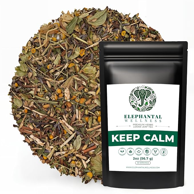 Elephantal Wellness Keep Calm Herbal Tea | Stress Relief & Mood Support with Ashwagandha, Lemon Balm, Chamomile, Valerian & St. John’s Wort | Handmade, Caffeine-Free Loose Leaf Blend | 2oz, 20 Servings
