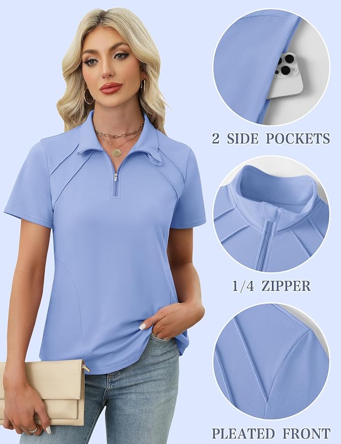 LOMON Womens Golf Polo Shirt Summer Short Sleeve Quarter Zip Outfit | Side-Pockets,Princess Seams,Cotton,Wrinkle Free,Moisture Wicking,Quick-Dry,Lightweight,Collared,for Tennis Workout