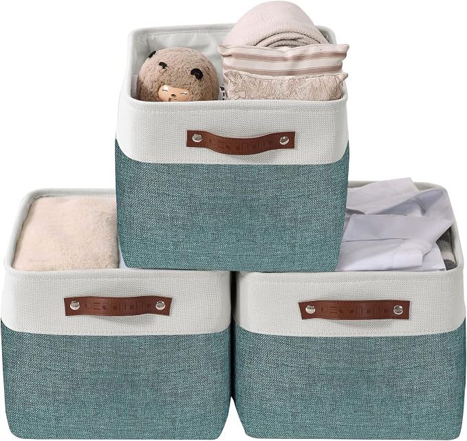 DECOMOMO Storage Bins, Extra Large Fabric Storage Baskets for Shelves 3Pack | 15.8 x 12.5 x 10 inches Decorative Linen Closet Organizers (Green & White)