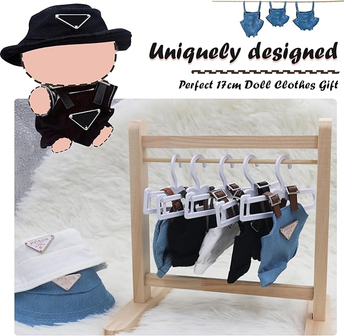 Clothes Set for Doll, 17cm Hat & Overalls Set Dolls Clothes Accessories Suit, Stylish Clothes for Dress up Unique Style (NO Doll)(Black+White, 2-Pack)