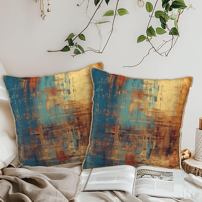 Vintage Abstract Teal Orange Velvet Pillow Covers 18x18 InchMessy Blue Rust Throw Pillows for Couch Cushion Covers Pillowcase Retro Colorful Art Pillow Cases for Sofa Bed Living Room