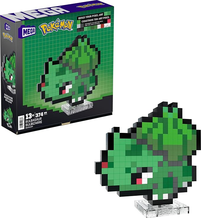 Mega Pokémon Bisasam Retro Look - 15 cm Buildable with Pixel Art Stones - Includes Wall Mounted Base for Adult Lovers and Collectors, HTH75