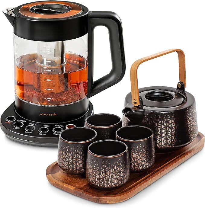 Viante Luxury Tea Set, Electric Kettle with Infuser, No Plastic In Contact With Water, 1.5L Borosilicate Glass, Ceramic Teapot, 4 Ceramic Cups, Bamboo Tray, Gift Box for Tea Lovers