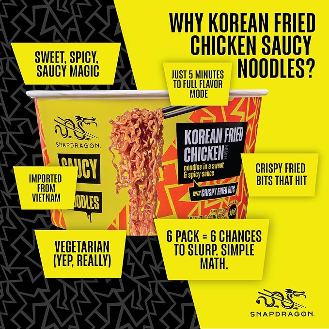Snapdragon Saucy Instant Noodles with Korean Fried Chicken Sauce - Quick Meal, Snack, and Lunch. 6-Pack Microwave Noodles for Cup, Bowl, Ramen or Asian Stir Fry