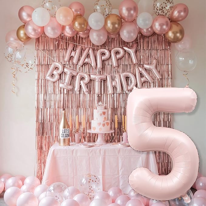 Big Number 5 Balloons, Dusty Light Blush Pink Foil 5 Balloon Numbers 40 inch, Giant 5th Birthday Party Decor, Pastel Baby Pink Mylar Helium Self Inflating Balloon for Girls Anniversary Decorations