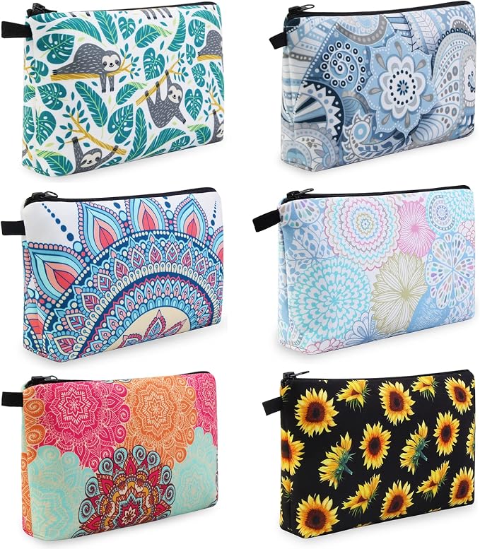 MAGEFY Makeup Bag 6 Styles Portable Travel Cosmetic Bag for Women Flower Patterns Zipper Pouch Sloth Gifts Makeup Pouch with Black Zipper (6 packs)