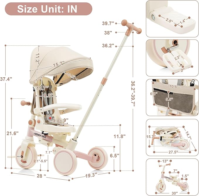 7 in 1 Baby Tricycle Toddler Trike Collapsible Frame Lightweight Kid Rider with Removable Pedal Ages 1Y-6Y