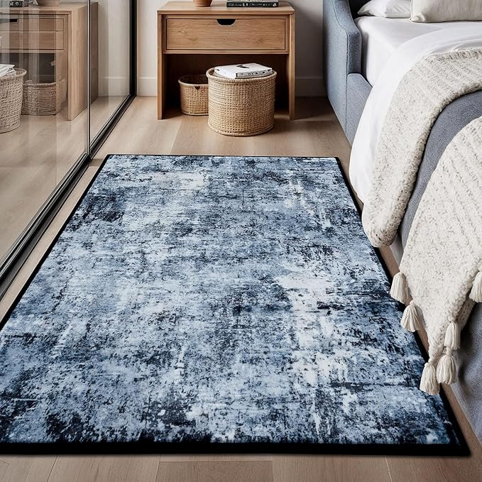 Rugflix 3x4 Entrance Rugs, Washable Navy Blue Dark Entry Small Rug | Machine Washable; Stain-Resistant; Low Pile; Non-Slip; Modern Abstract; Black Carpet for Entryway Kitchen Hallway Home
