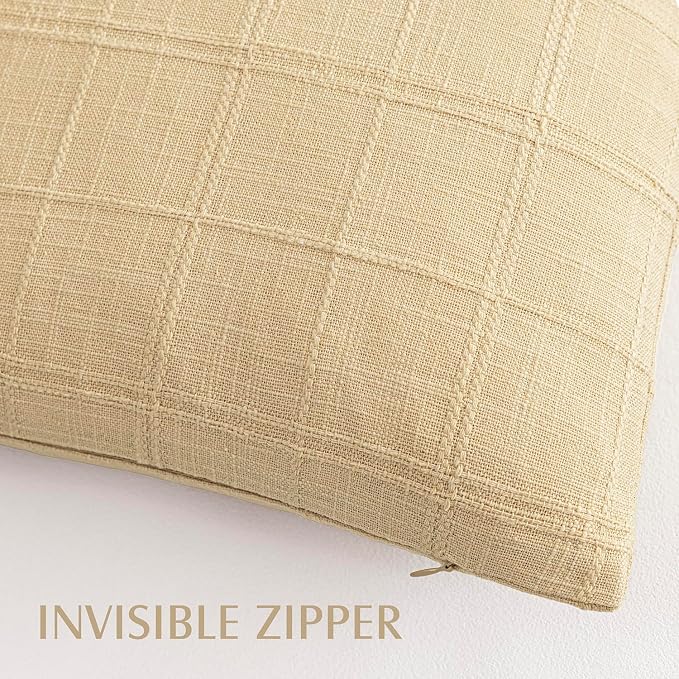 Foindtower Set of 2 Decorative Linen Check Throw Pillow Covers Neutral Farmhouse Vintage Cushion Covers Modern Boho Accent Home Decor for Sofa Chair Couch Bedroom Living Room,24×24 Inch,Light Yellow