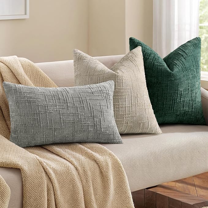 decorUhome Textured Chenille Throw Pillow Covers 12x20 Set of 2 Green | Fall Modern Farmhouse Soft Cozy Slubby Couch Pillow Cases Boho Decorative Pillow Cases for Bed Sofa Living Room Home Decor