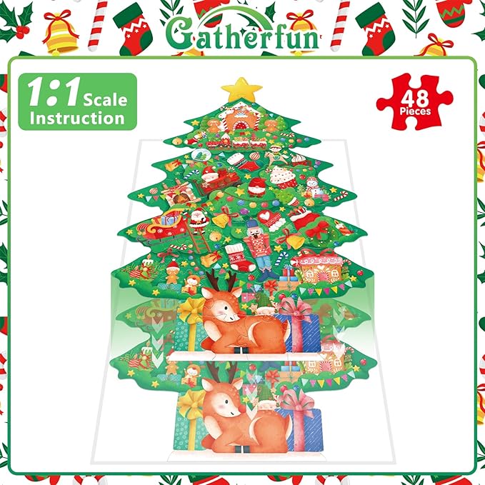 Christmas Puzzles with 48 Large Pieces - Christmas Tree Shaped Floor Puzzle for Party Decorations, Gifts, and Classroom Activities