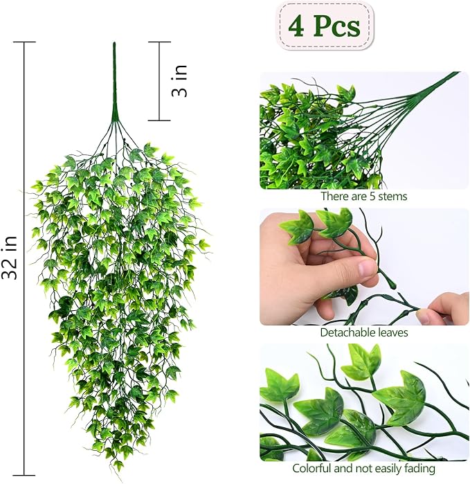 Waipfaru Artificial Hanging Ivy for Outdoors, 4pcs Faux Vines Greenery | Fake Hanging Plants for Wall Home Bedroom Living Aesthetic Kitchen Office Aesthetic Kitchen Indoor Outdoor Decor
