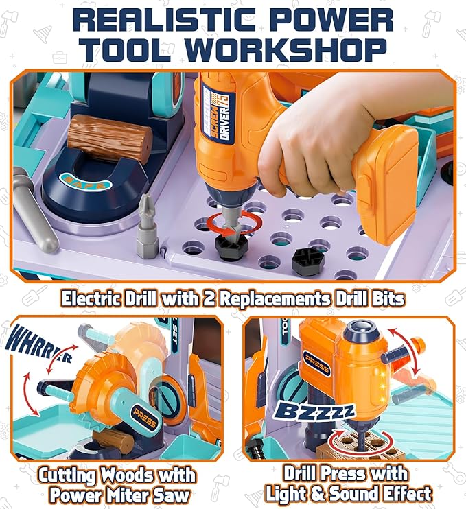 Lehoo Castle Kids Tool Bench (32.5 Inches Tall), Toddler Tool Set with Electric Drill, 2-in-1 Workbench and Toolbox, Pretend Play Tool Toys for Age 3-5, Birthday Gift for Boys