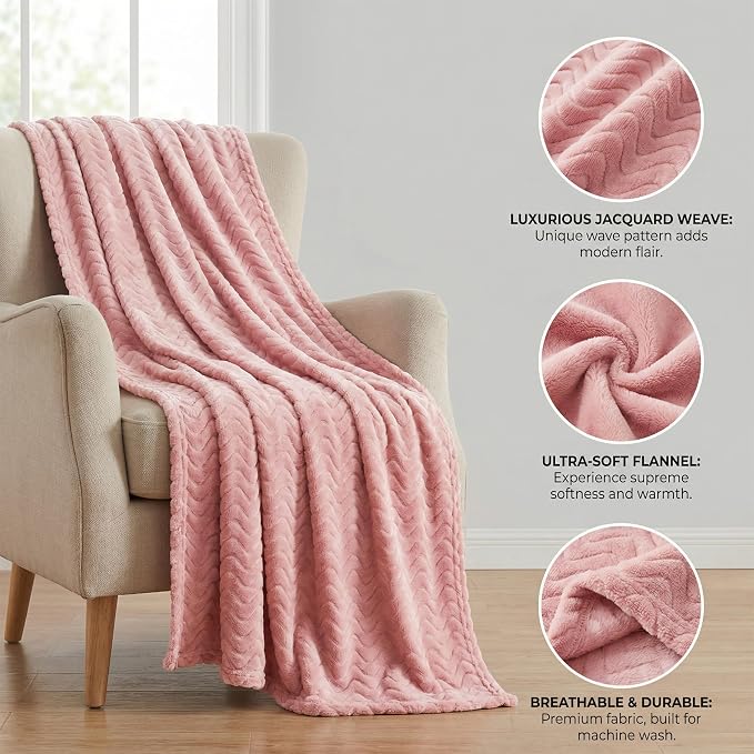 Exclusivo Mezcla Soft Fleece Blanket King Size for Bed, Sofa, Pink | 90"x104" Breathable Lightweight Flannel Blanket for Summer, Plush Cozy Jacquard Wave for Home Decor