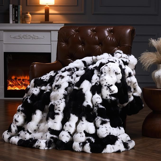 Faux Fur Throw Blanket for Couch, Fluffy Fuzzy Plush Bubble Blanket, Soft Warm Cozy Shaggy Rabbit Blanket, Luxury Decorative Gifts for Sofa Bedroom Living Room, 60x50inch (Cow Print-Black)