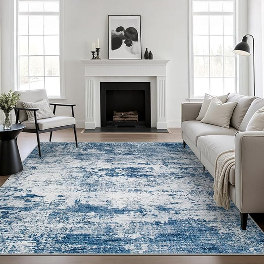 4x4 Area Rug Living Room Rug: Washable Modern Abstract Soft Thin Rug Indoor Floor No Slip Stain Resistant Carpet for Bedroom Dining Room Farmhouse Nursery Home Office - Blue