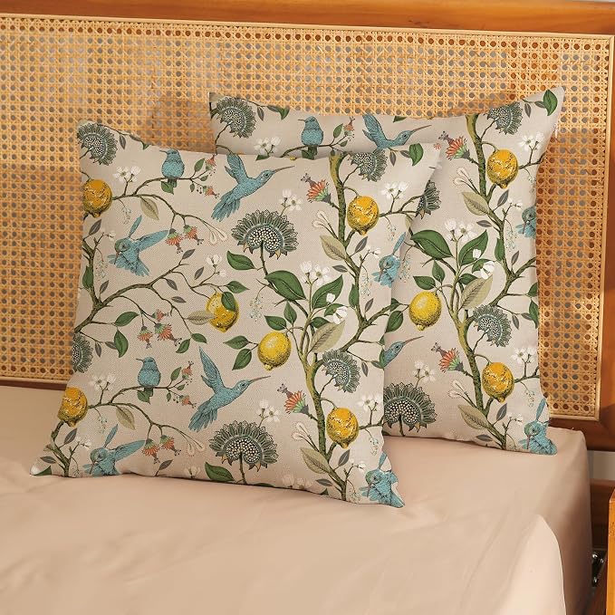 Chinoiserie Pillow Covers 20x20 Set of 2 Blue Green Bird Floral Throw Pillows Vintage Yellow Lemon Flowers Decorations Pillowcase Outdoor Chinoiserie Decor Linen Cushion Case for Couch Home