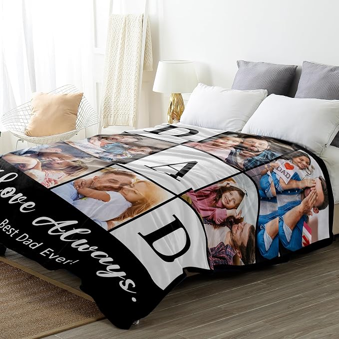 SHIPS NEXT DAY Personalized Fathers Day Birthday Gifts from Daughter Son Kids Wife Custom Photos Blanket with PictureText Customized Father's Day Christmas Dad Husband Grandpa Papa Unique Gifts