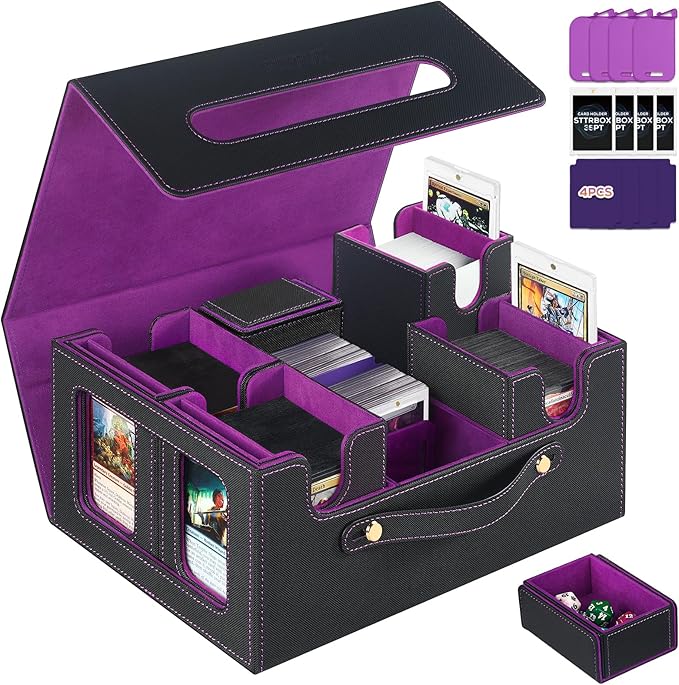 Trading Card Storage Box for MTG, MTG commander deck box，Multi-purpose Deck Case for MTG TCG Sports Card, 4 Toploaders, 4 Stoppers, 4 Colorful Dividers (Black & Purple)
