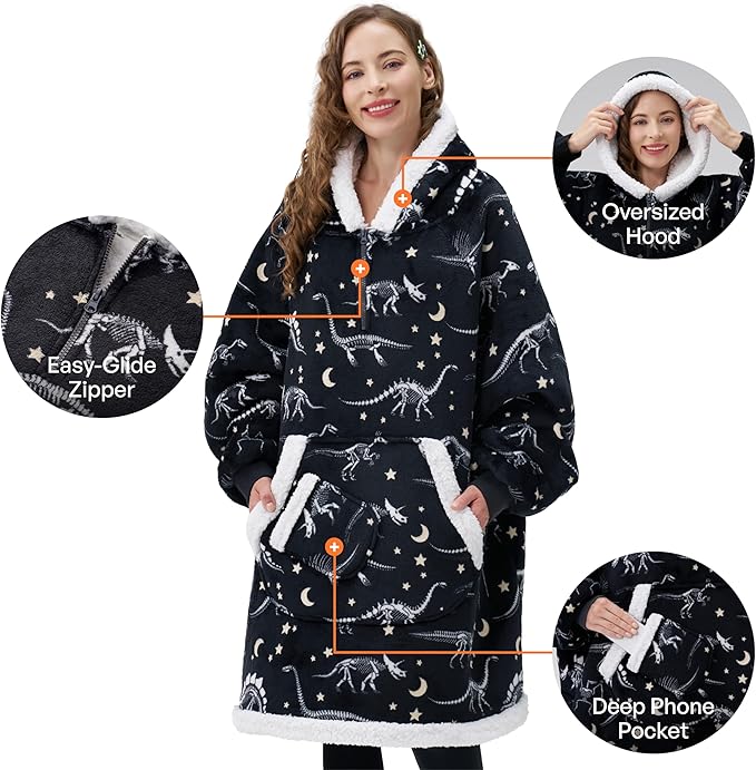 Giggling Getup Wearable Blanket Hoodie for Adults Gifts for Teen Girls Sister Women Sherpa Fleece Printed Hooded Blanket Sweatshirt Warm Cozy with Pocket & Sleeves Black Glowing Dinosaur