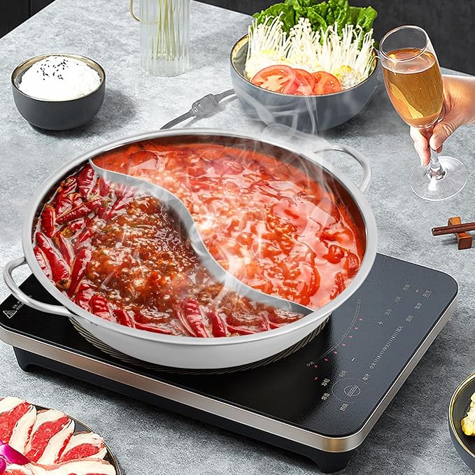 Shabu Shabu Pot, Stainless Steel Hot Plate Cookware Set Ramen Cooker, Hot Pot Soup Base Korean BBQ Multi Cooker Stainless Steel Pot Set, 13 in Pot with Divider