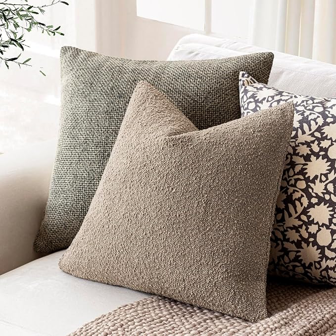 Foindtower Pack of 2, Decorative Textured Boucle Throw Pillow Covers Neutral Accent Solid Pillow Cases Soft Couch Cushion Case for Chair Sofa Bedroom Living Room Home Decor 22x22 Inch Light Khaki Tan