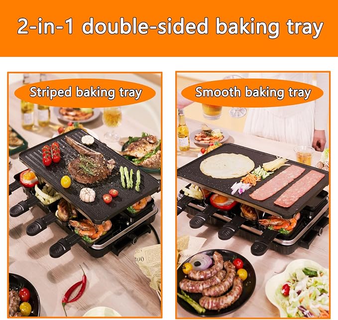 Electric Korean BBQ Indoor Grill Table Smokeless Portable Griddle Raclette Grill Nonstick with 8 Cheese Maker Pans Temperature Control & Dishwasher Safe 1300W Ideal for Parties and Family Fun