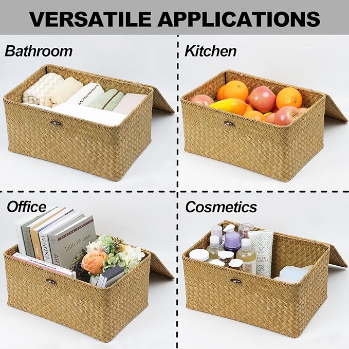 Seagrass Wicker Storage Basket with Lid, X-Large, Natural | Extra Large Box, Shelf Organizer, Rectangular Woven Bin, Multipurpose Home Storage, Natural Decor, 14.3 x 9.4 x 6.9