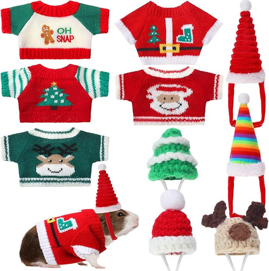10 Pcs Guinea Pig Clothes, 5 Guinea Pig Costume Outfit, 5 Mini Hat with Adjustable Strap Small Animal Warm Vest Sweater Cozy Hand Knitted Hat for Hamster Bunny(Classic)