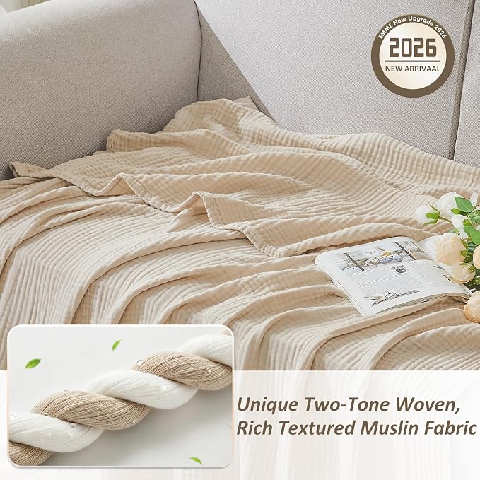 EMME Cotton Muslin Queen Blanket Bed Layering Bedspread Coverlet Breathable Gauze Soft Lightweight Blankets (Heather Beige, 90"x90")