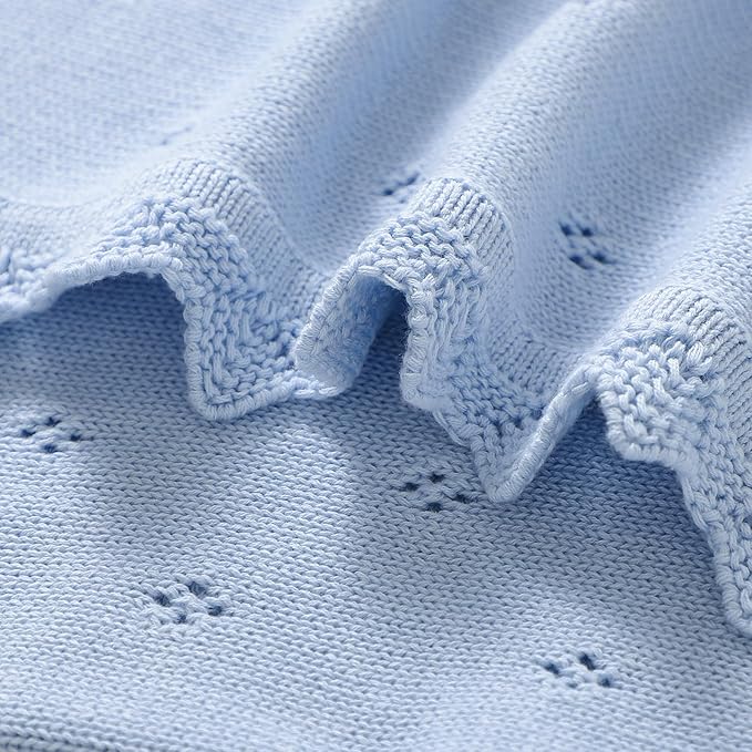 mimixiong Cotton Baby Blanket Knitted Crochet Receiving Crib Nursery Swaddling Blankets for Newborn Baby Boy Girl 30x40 Inch (LightBlue)