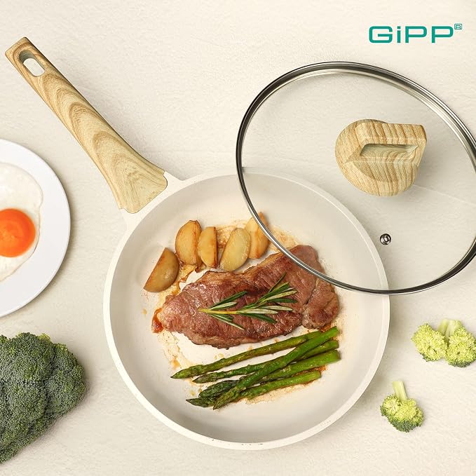 GiPP Nonstick Frying Pan Skillet with Lid - 11" White Granite Non Stick Pans, Omelette Pan with Heat-Resistant Handle, Compatible with All Stovetops, PFOA Free