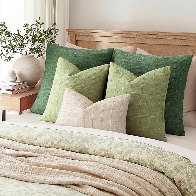 Foindtower Set of 2 Decorative Linen Check Throw Pillow Covers Neutral Farmhouse Vintage Cushion Covers Modern Boho Accent Home Decor for Sofa Chair Couch Bedroom Living Room,24×24 Inch,Light Green