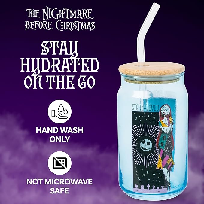 Silver Buffalo Disney Nightmare Before Christmas Starry-Eyed Featuring Jack Skellington and Sally Blue Glass Jar Tumbler with Bamboo Lid and Glass Straw, 16 Ounces