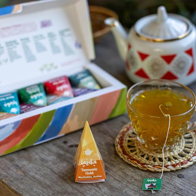 Lazika Tea Sampler with Premium Presentation Box, 20 Counts, 4 of Each Blend Individually Wrapped, Black, Green and Herbal Tea Variety Gift Set, Collection with Pyramid Infuser Bag