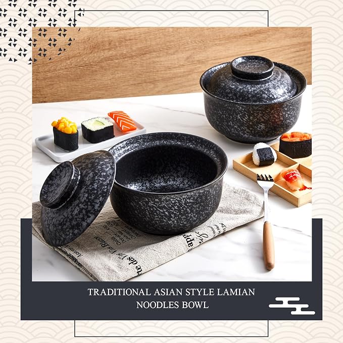 SiliFine Ramen Bowl Set of 2 Ceramic Ramen Bowl with Lid 25oz Microwave Clay Pot Traditional Japanese Tableware Korean Clay Pot for Christmas Soup Salad Meal Rice Home Office(Black,Calssic)
