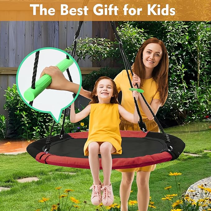 YSEJOMP 3.3FT Round Saucer/Tree Swing with Handles -Made of Sturdy Frame,PP Mat,Adjustable Multi-Strand Ropes,Safe and Durable for Yard Garden Playground Park (Black and Red, 40 inches)