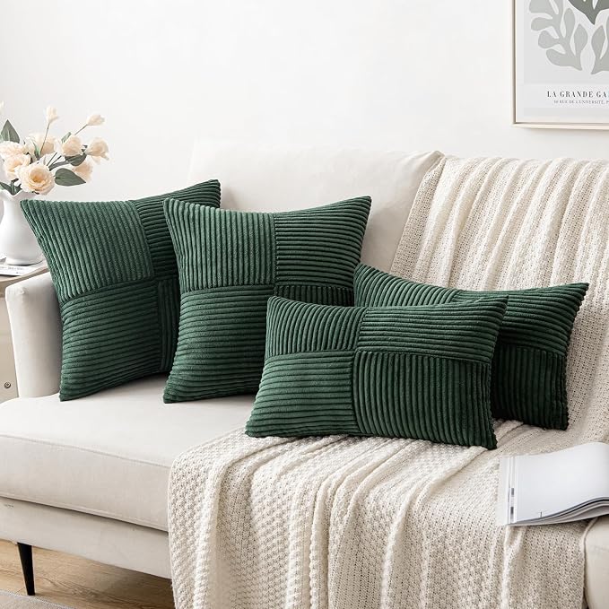 MIULEE Army Green Decorative Throw Pillow Covers for Couch 20x20 Inch | 2 Pack, Boho Farmhouse Pillow Covers, Soft Cross Corduroy Patchwork Textured Cushion Cases For Bed Sofa