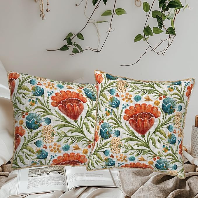 Red Blue Bright Floral Soft Velvet Throw Pillow Covers Set of 2 Colorful Flowers Green Leaf Plant Decorative Pillow Covers 18x18 Inch Boho Rustic Pillow Case For Sofa Couch Living Room Home Decor