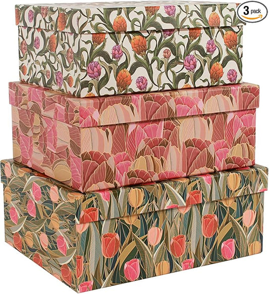 3-Piece Decorative Storage Boxes with Lids, Tulip Design, Vintage Floral, Cardboard Paperboard Keepsake box Set, Photo Storage Box for Memory, Home Decor, Modern Decoration Organizer