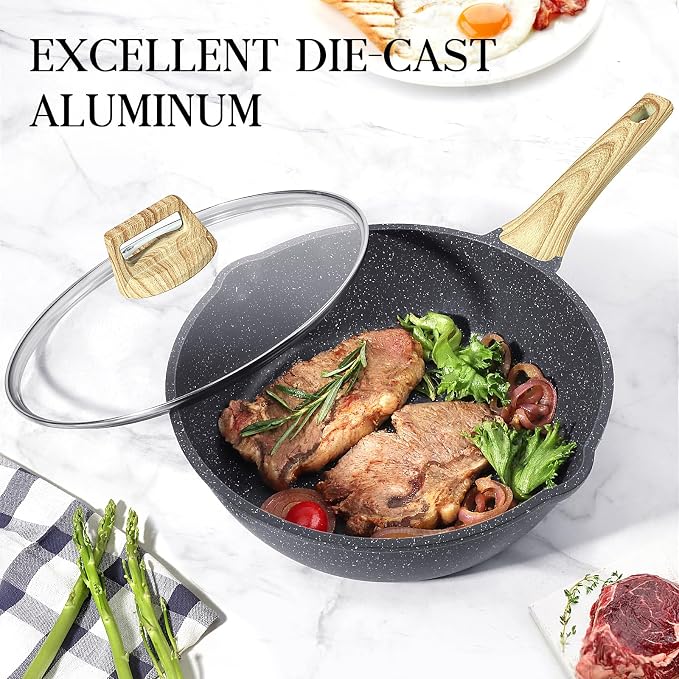 GiPP Nonstick Deep Frying Pan Skillet, 9.5" Saute Pan with Lid, Granite Induction Cookware Non Stick Cooking Pan, PFOA PFOS APEO Free