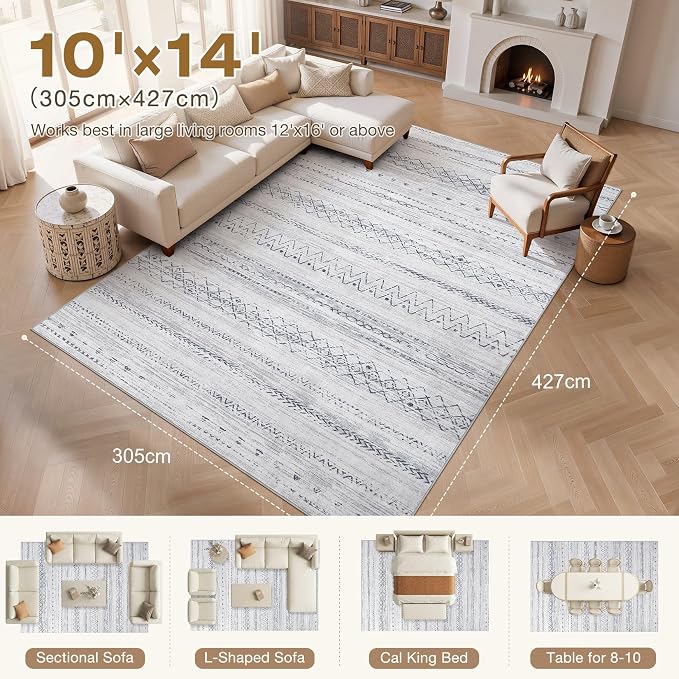 cotiled 10x14 Area Rugs Living Room Rug: Washable Boho Rugs with Non Slip Backing Large Soft Indoor Stain Resistant Carpet for Bedroom Farmhouse Dining Room Lightweight Home Decor Grey