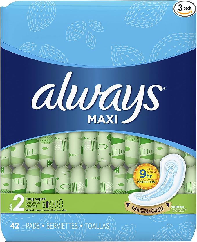 Always Maxi Size 2 Super Pads for Women, Without Wings, Unscented, 42 Count - Pack of 4 (168 Count Total)