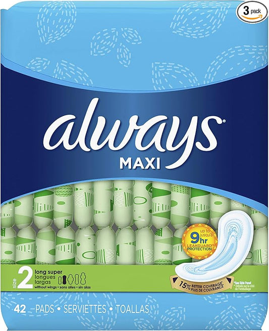 Always Maxi Size 2 Super Pads for Women, Without Wings, Unscented, 42 Count - Pack of 4 (168 Count Total)
