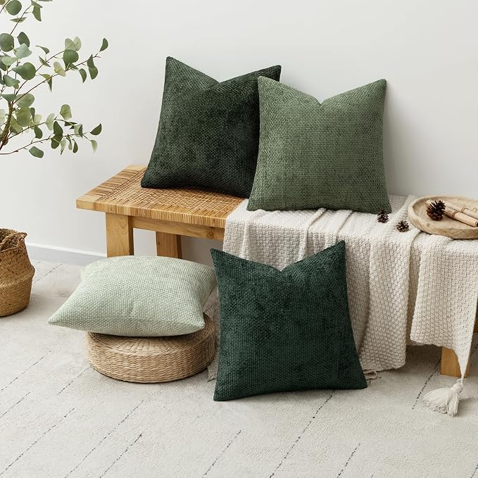 MIULEE Soft Decorative Chenille Pillow Covers Forest Green 20x20 Pack of 4 | Nordic Home Decor, Woodland Forest Bath Set, Couch Throw Pillows, Farmhouse Boho Cushion Covers for Sofa Bed Living Room