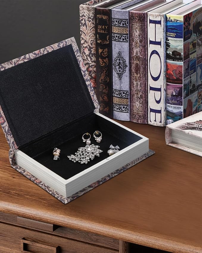 Decorative Wooden Book Box, Vintage Faux Book Boxes with Magnetic Closure, Secret Storage, Antique Look Linen Cover for Bookshelf or Office Decor (1 x William Morris)