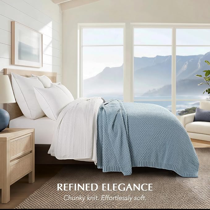EVERGRACEHOME Chunky Chenille Knit Throw Blanket, 108x92, Chambray Blue | Sculpted Moss Stitch, Chic Modern Farmhouse, All-Season Warmth, OEKO-TEX® Certified, Oversized King for Couch, Bed, Sofa